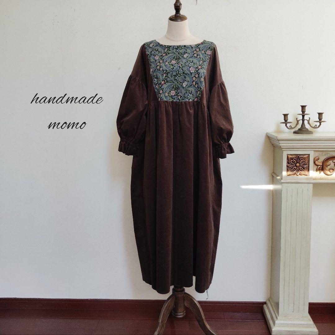 handmadeウィリアムモリス✕コーデュロイ茶ワンピース長袖free
