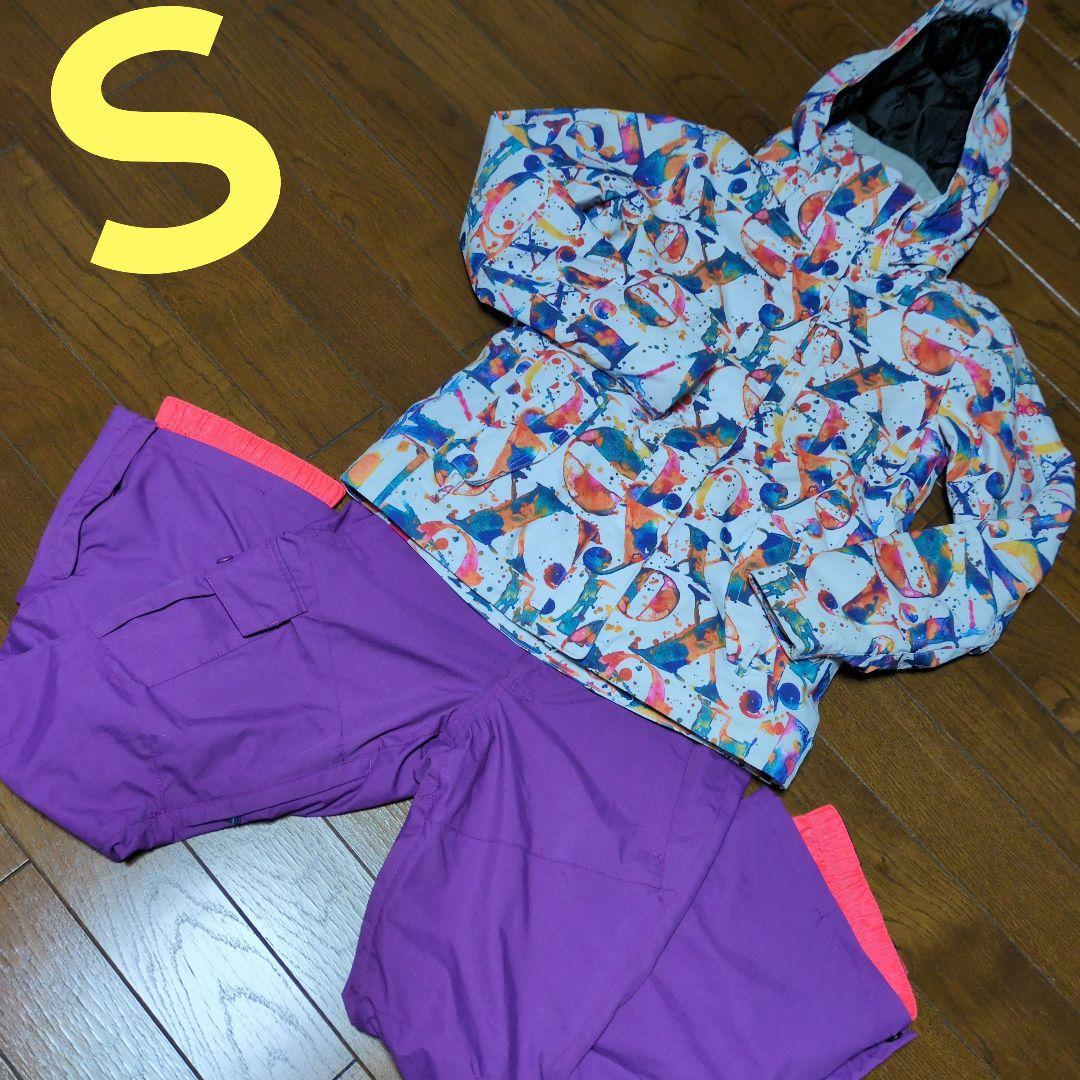 【美品】ROXY　スノボウェア　上下セット　Ｓ　総柄　　カラフル　ロゴ　パープル