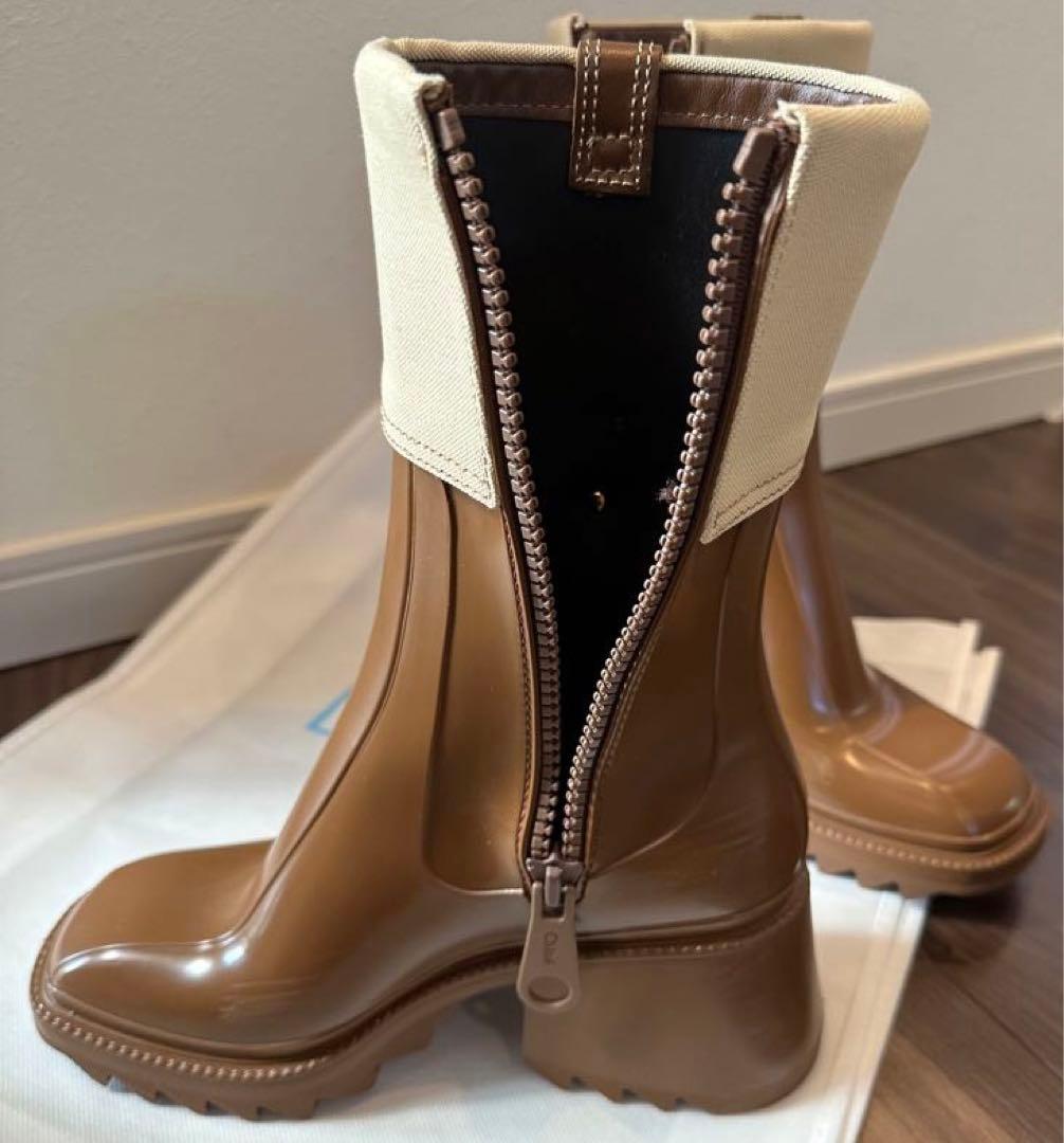 数回着用のみ♪ Chloe PVC キャンバスレインブーツ　ブラウン　晴雨兼用