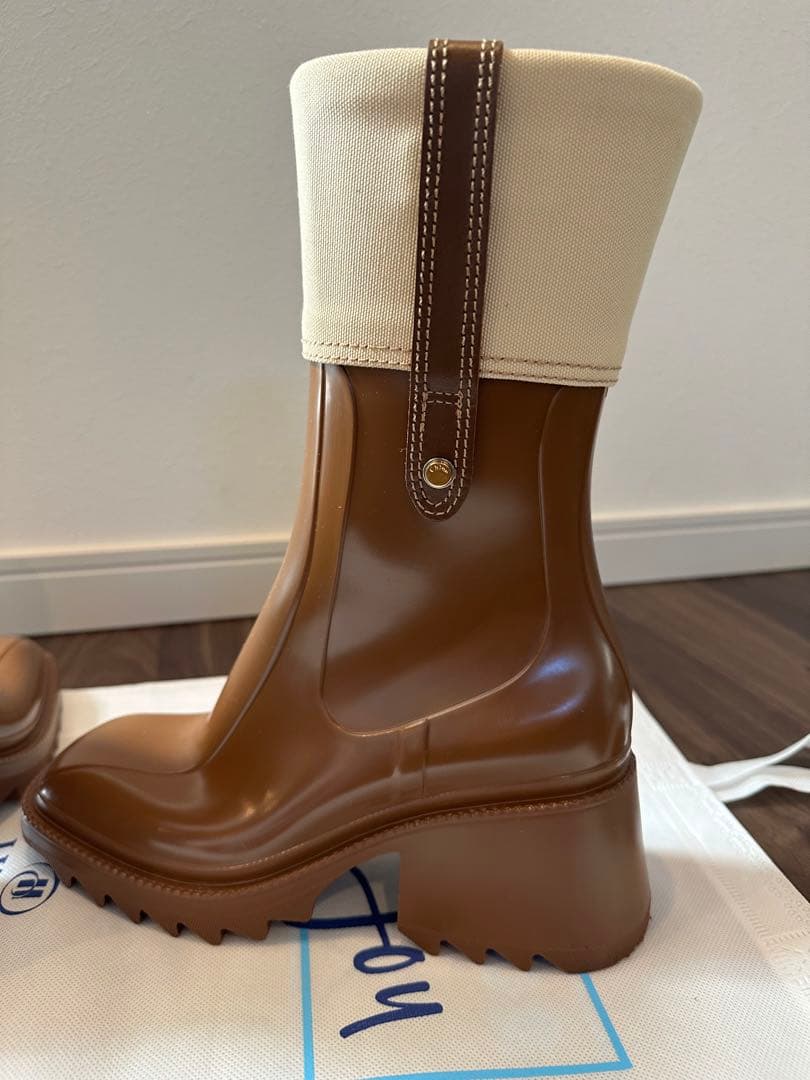 数回着用のみ♪ Chloe PVC キャンバスレインブーツ　ブラウン　晴雨兼用