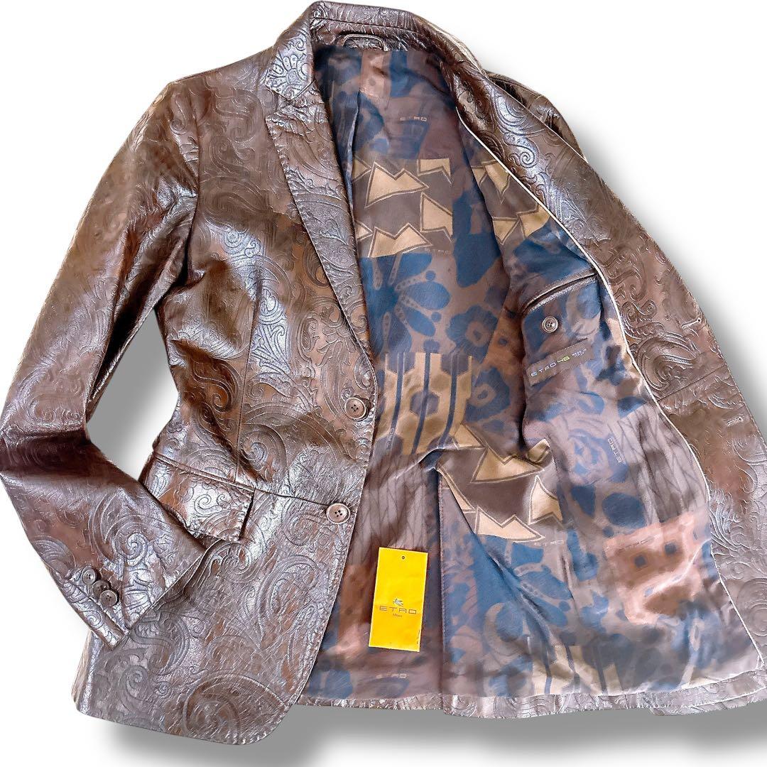 美品 ETRO 牛革 レザー テーラードジャケット ペイズリー エンボス加工