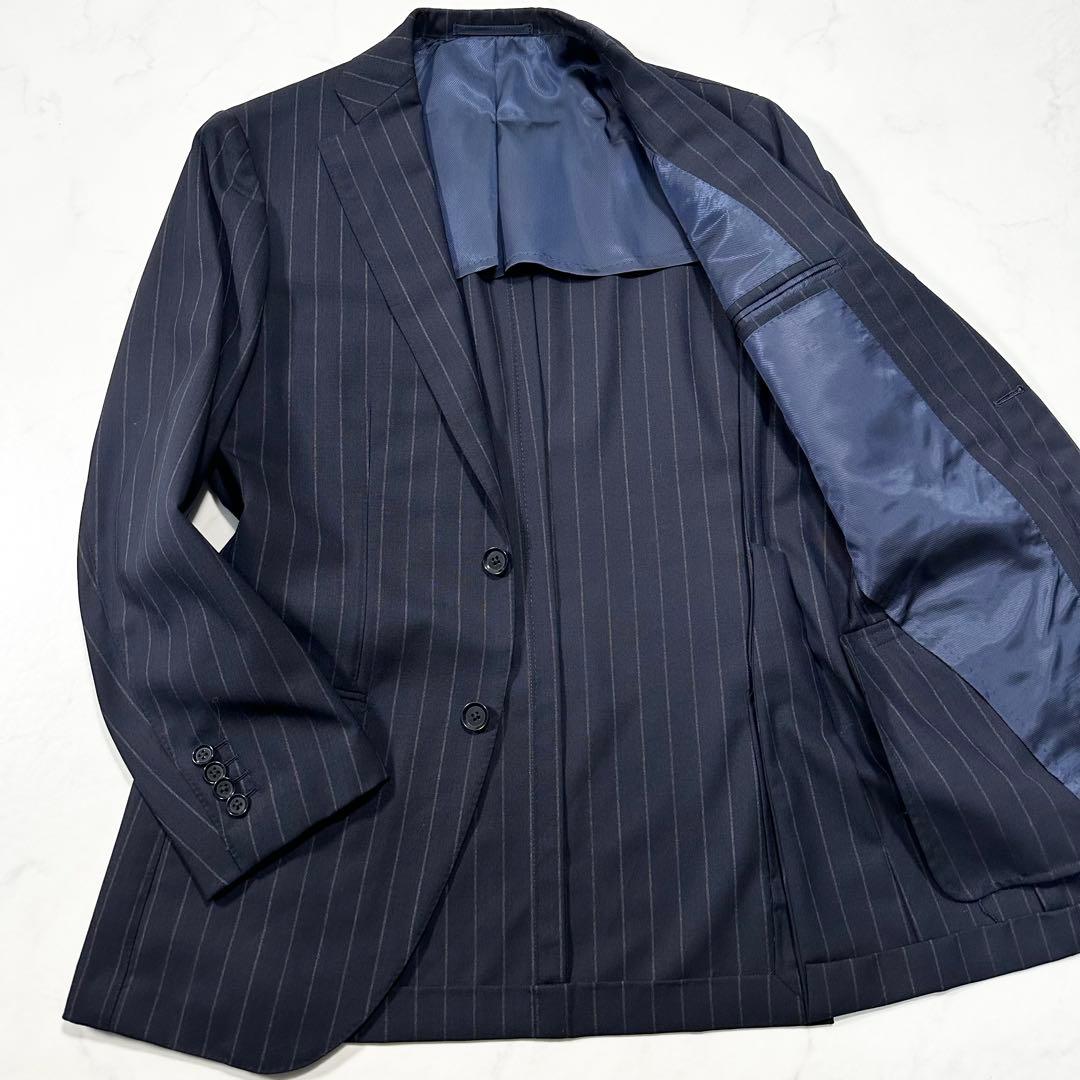 極美品◎ブリッラ ワイドストライプ ウールテーラードジャケット 本切羽 紺 44