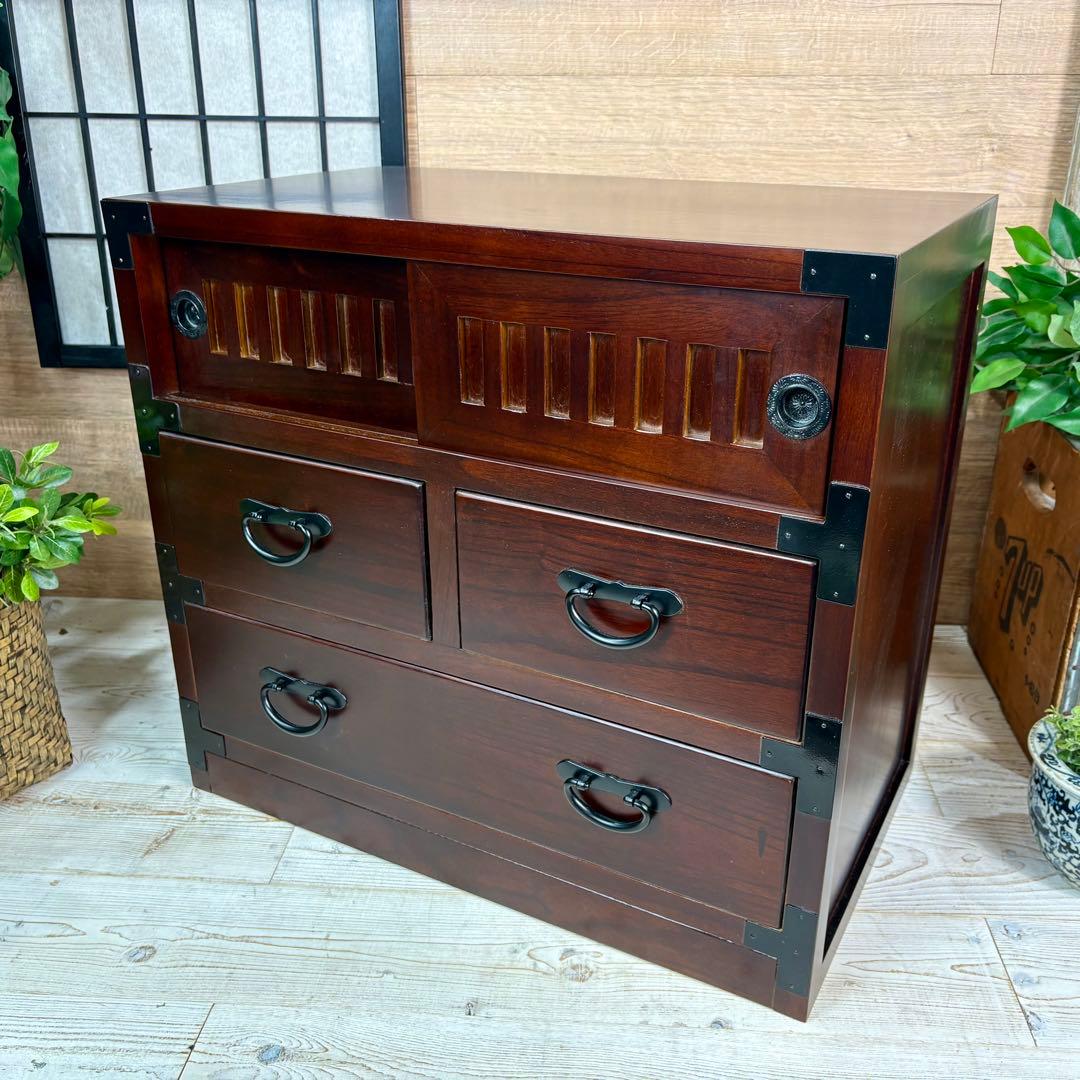 訳あり品！【115】民芸木製桐材天然無垢和箪笥引き戸付き収納家具和タンス飾り棚