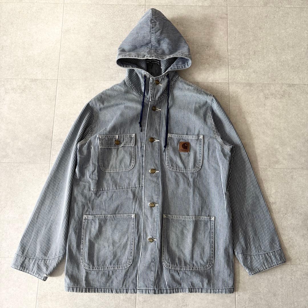 希少✨️カーハート ヒッコリーストライプ フーデッドワークジャケット M ブルー