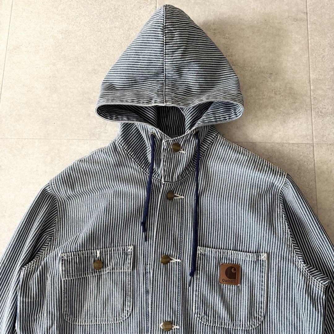 希少✨️カーハート ヒッコリーストライプ フーデッドワークジャケット M ブルー