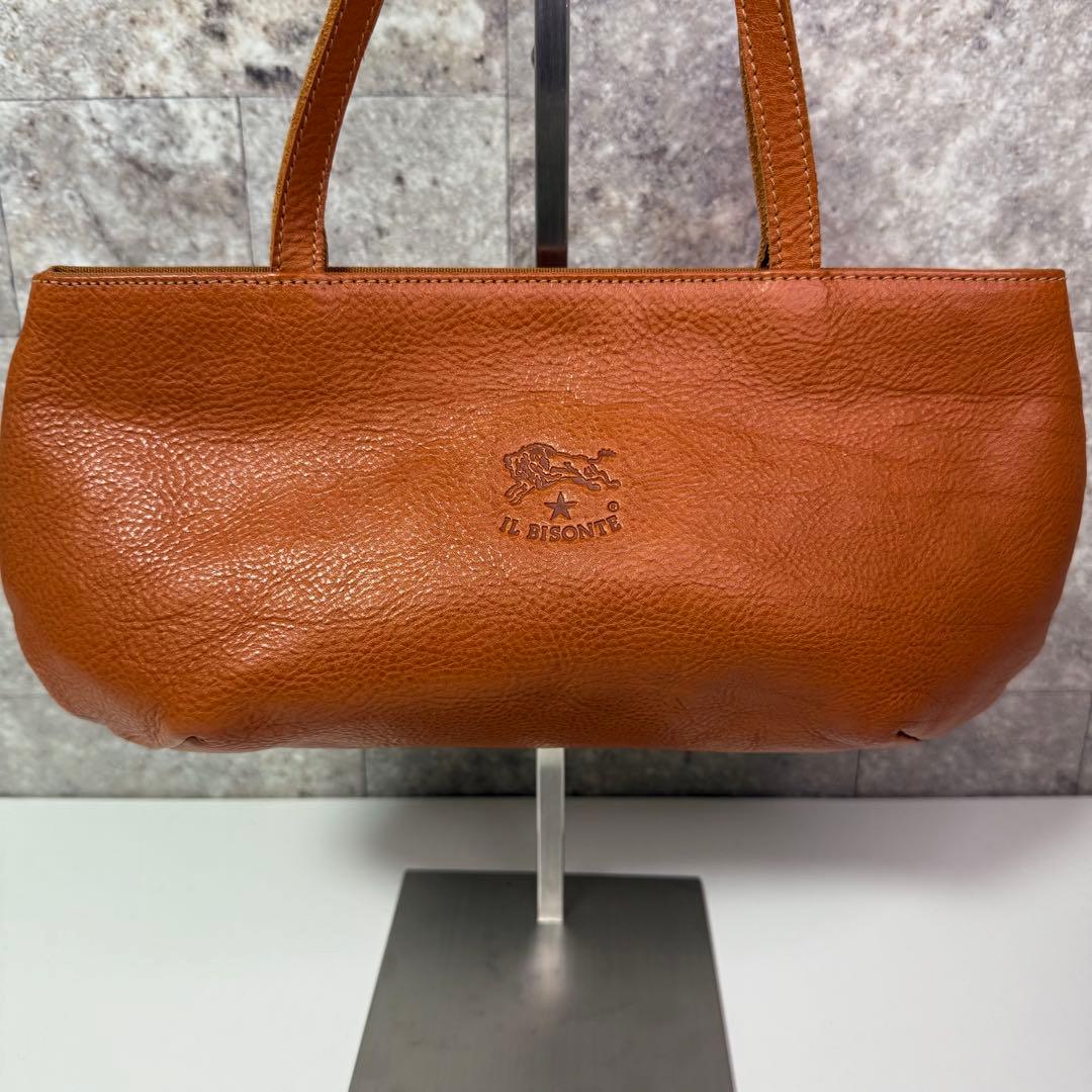 【良品】イルビゾンテ レザー ハンドバッグ ロゴ刻印 キャメル イタリア製