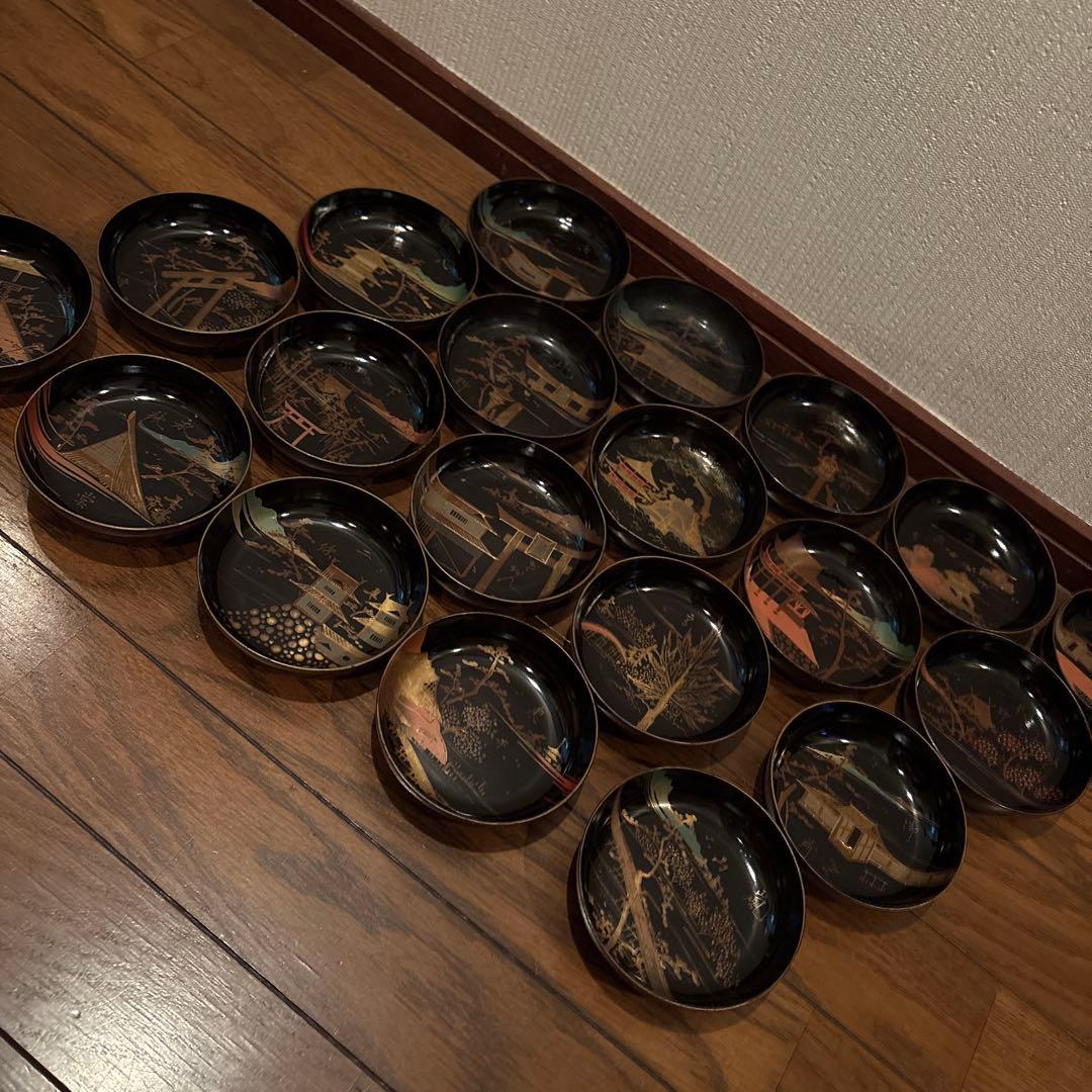 京都名所20選漆器皿二十枚セットアンティーク雅な雰囲気金蒔絵　インテリア実用使い