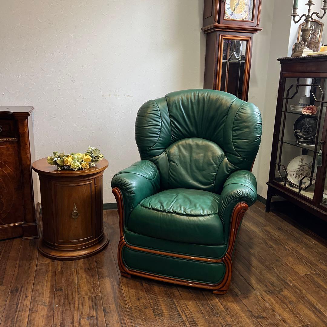 k831r111 イタリア製 グリーンの本革ソファ 1Pソファ 2脚セット