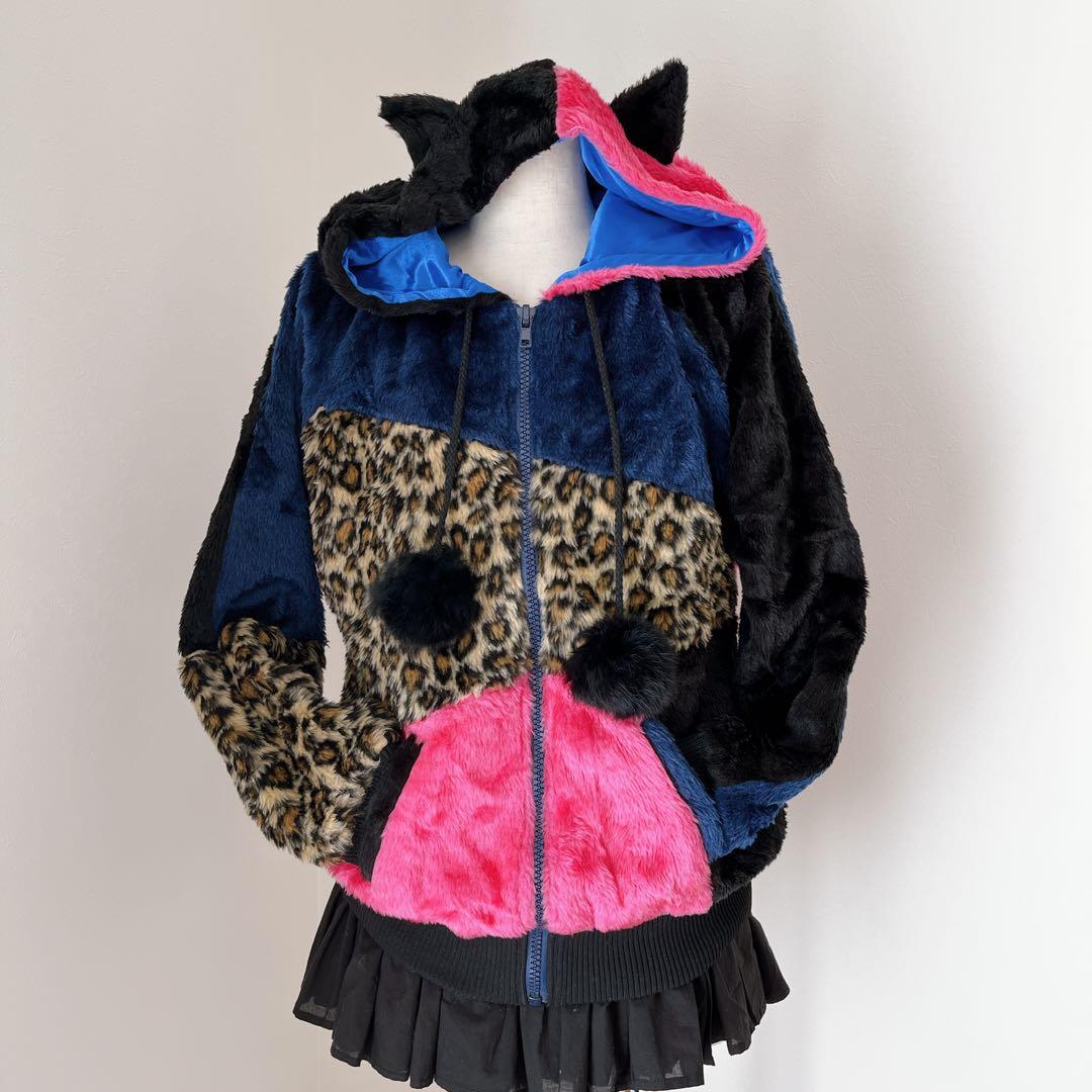 00s 猫耳 豹柄 ファー ポンポン パッチワーク パーカー y2k平成 ギャル
