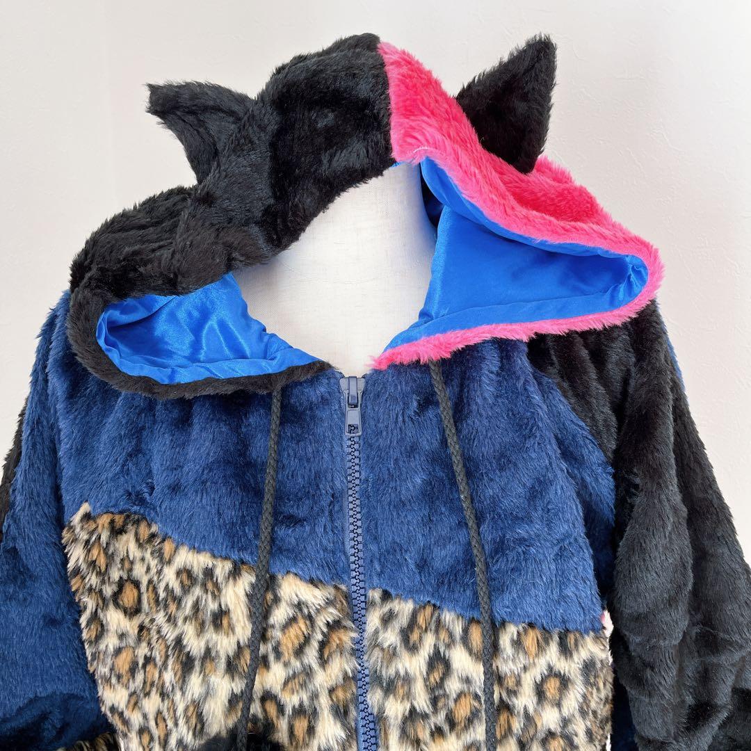 00s 猫耳 豹柄 ファー ポンポン パッチワーク パーカー y2k平成 ギャル