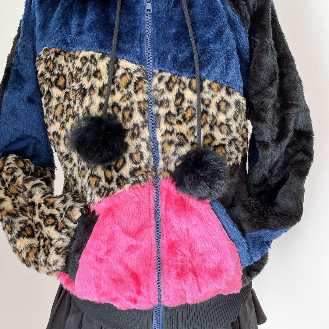 00s 猫耳 豹柄 ファー ポンポン パッチワーク パーカー y2k平成 ギャル
