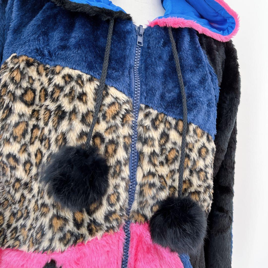 00s 猫耳 豹柄 ファー ポンポン パッチワーク パーカー y2k平成 ギャル