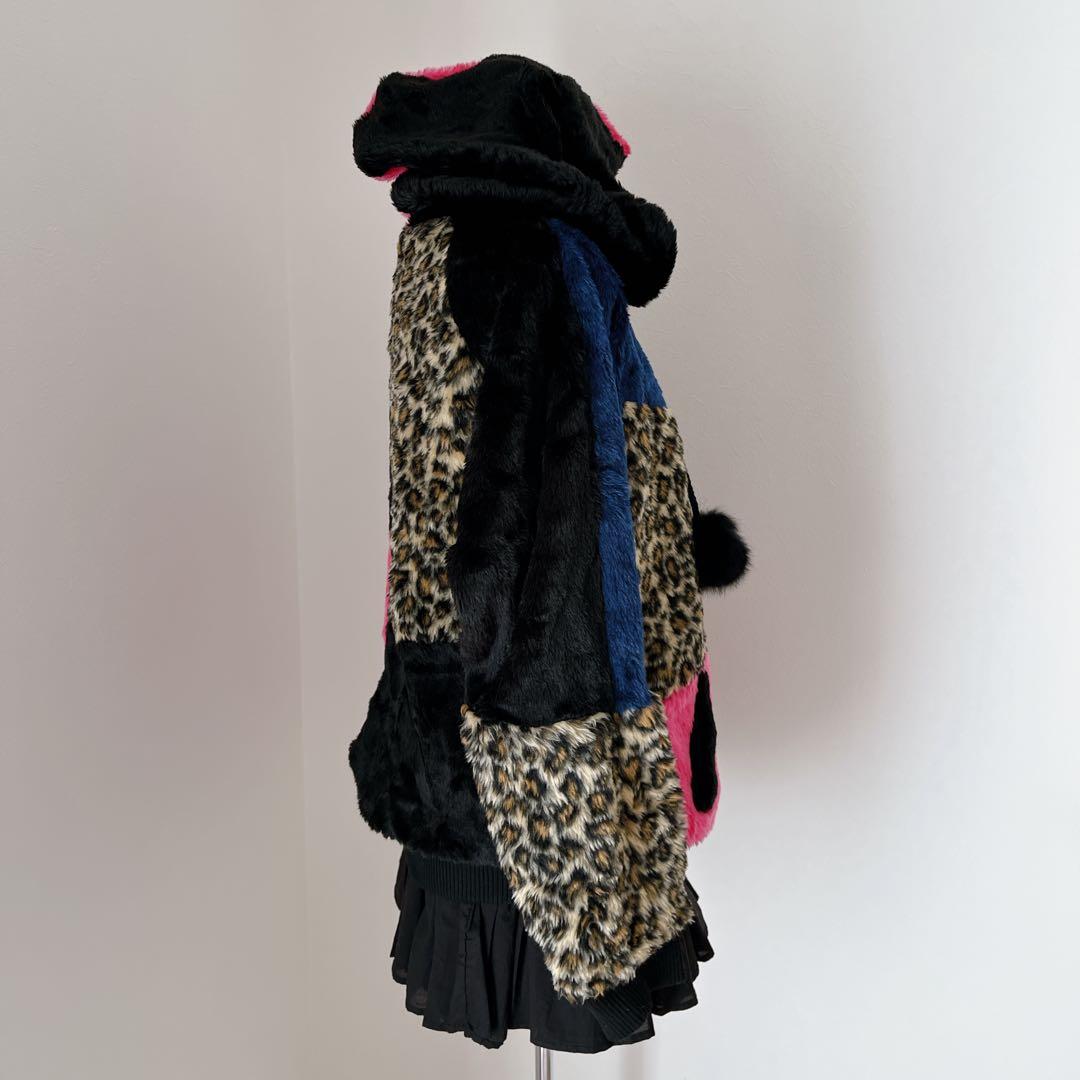 00s 猫耳 豹柄 ファー ポンポン パッチワーク パーカー y2k平成 ギャル