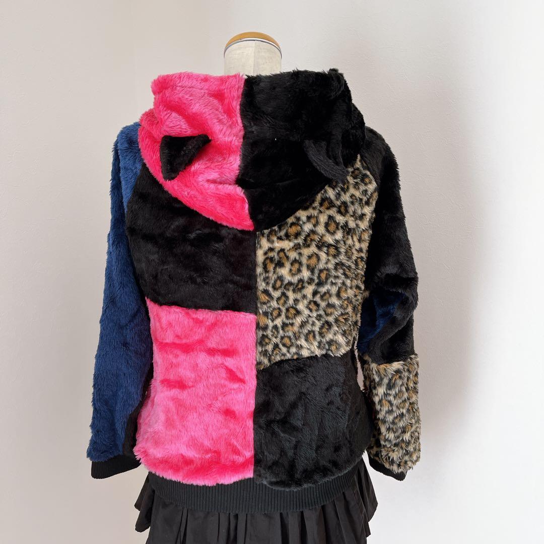 00s 猫耳 豹柄 ファー ポンポン パッチワーク パーカー y2k平成 ギャル