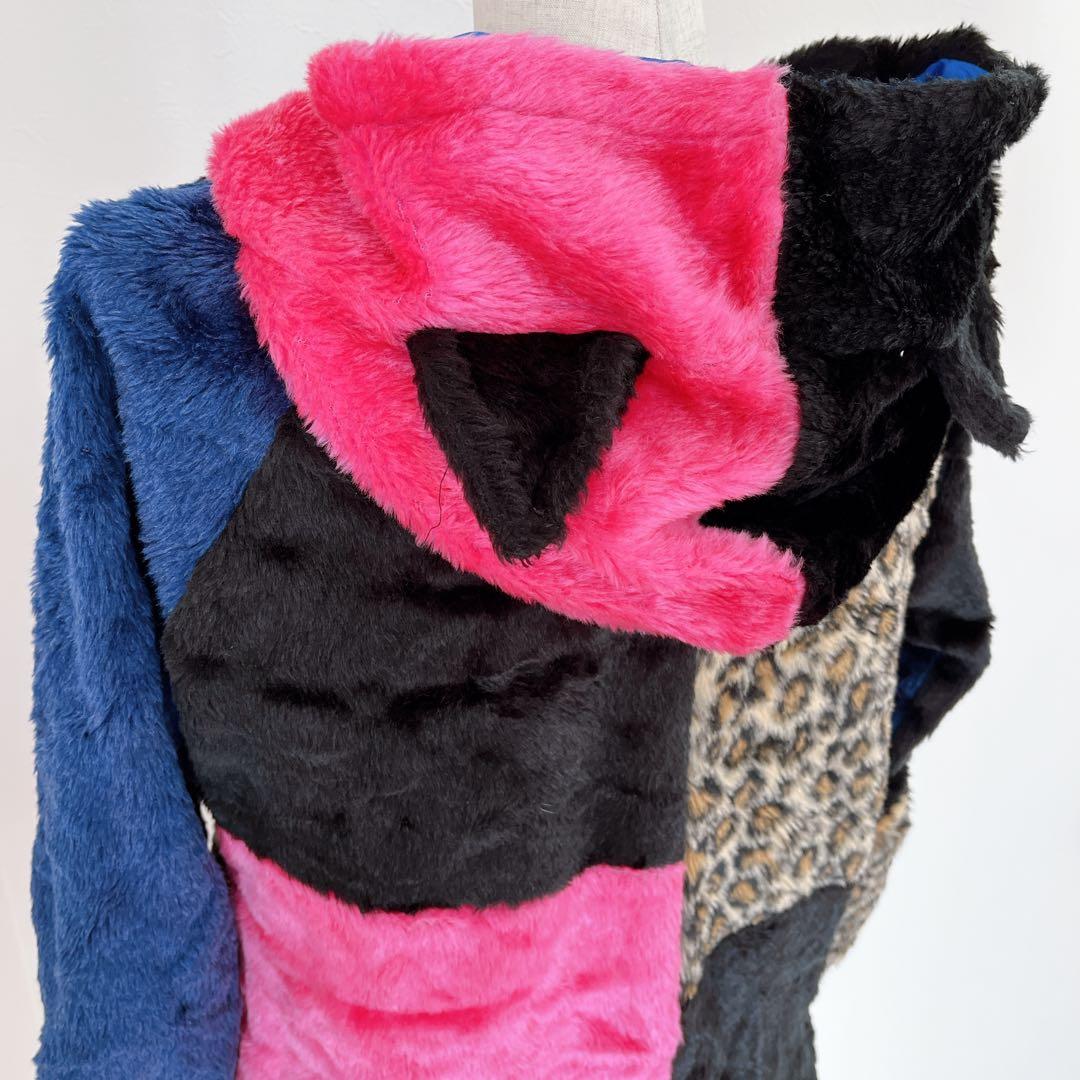 00s 猫耳 豹柄 ファー ポンポン パッチワーク パーカー y2k平成 ギャル