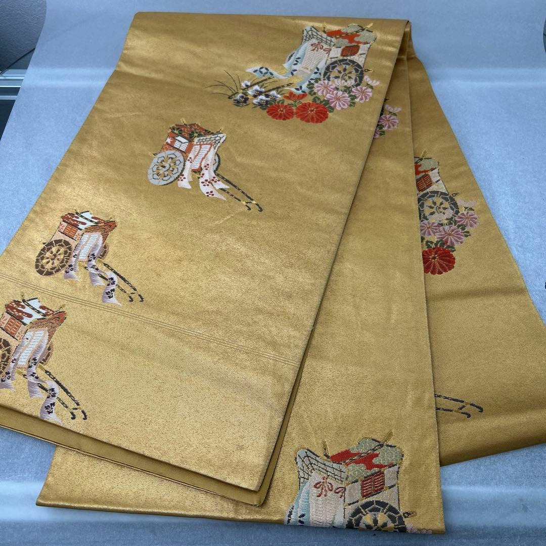 【本金箔 高級手織】金色 花車刺繍 正絹六通柄袋帯1224