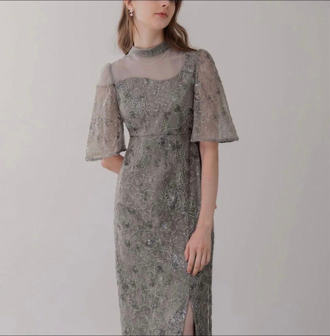 【美品】Leja 花柄刺繍スパンコールベロアスリットIラインドレス 結婚式