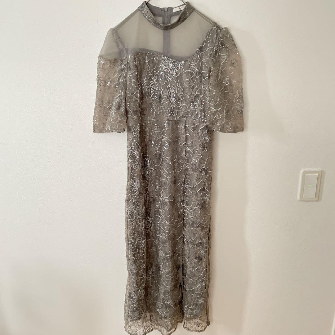 【美品】Leja 花柄刺繍スパンコールベロアスリットIラインドレス 結婚式