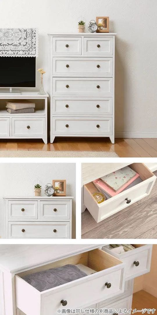 モ*ー様 完成品 アンティーク塗装 天然木 桐製 ワイドチェスト 5段 幅60