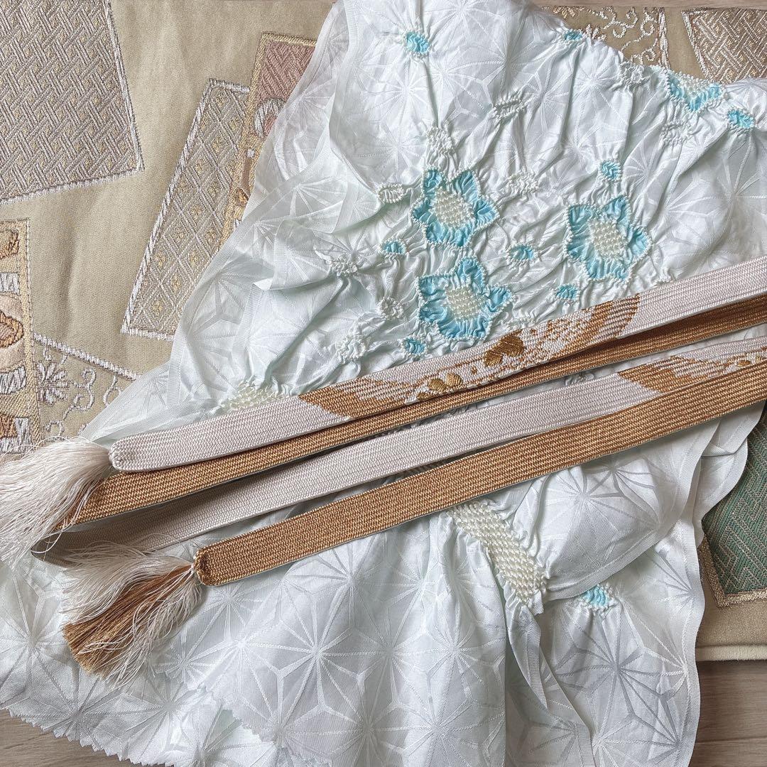 色無地　フルセット　着物　正絹　一つ紋　幻の染　岩石染　ブルー系　落款　N5