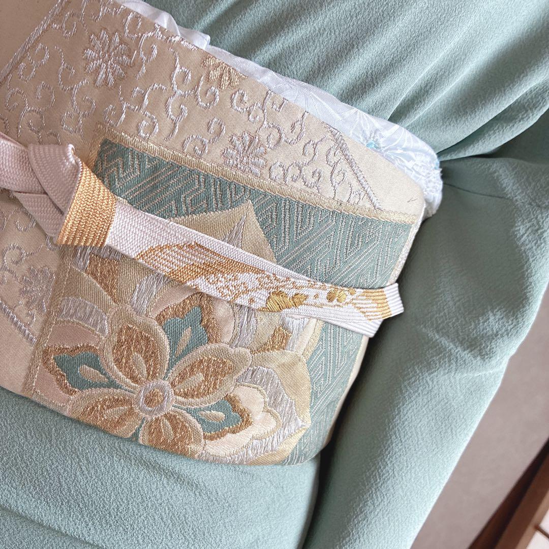 色無地　フルセット　着物　正絹　一つ紋　幻の染　岩石染　ブルー系　落款　N5