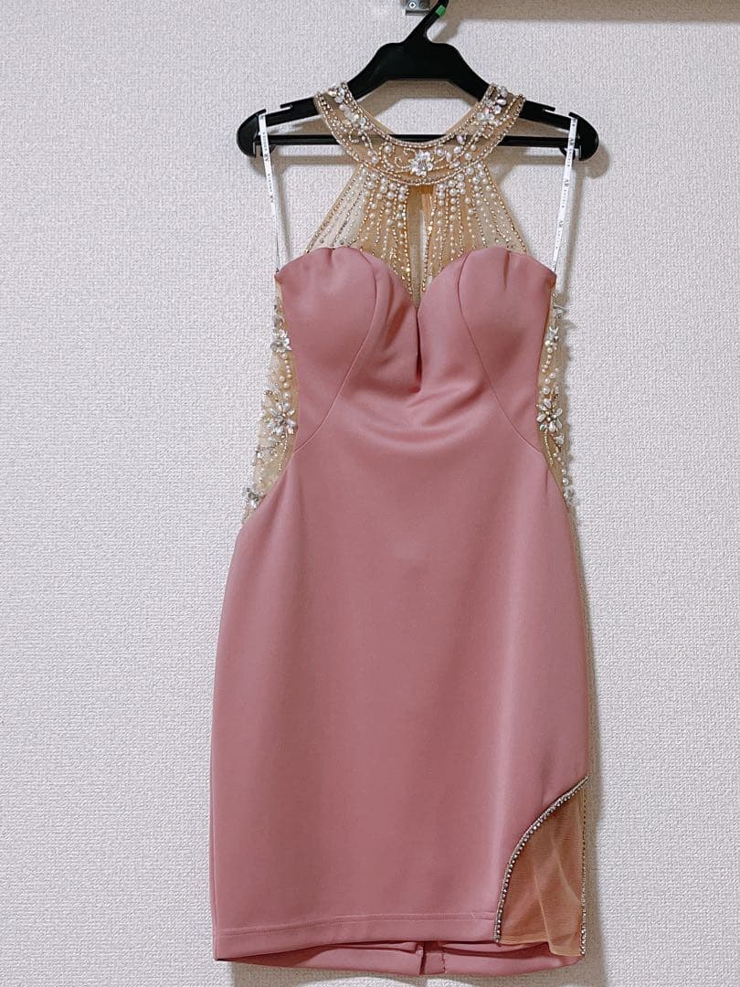 ピンク ビーズ装飾 ハイネックドレス Mサイズ