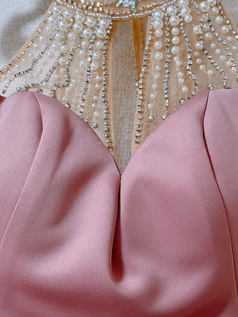 ピンク ビーズ装飾 ハイネックドレス Mサイズ