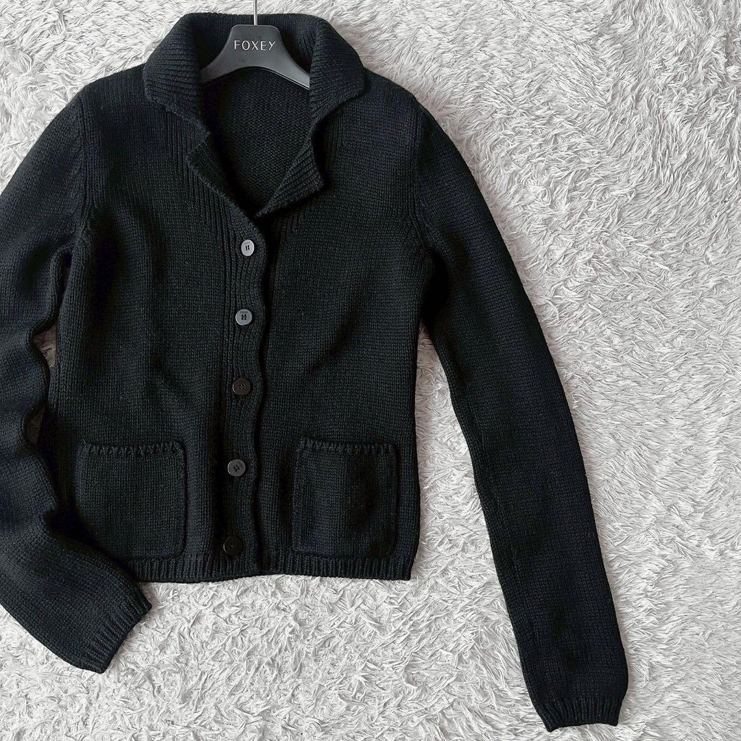 【美品】フォクシー ウール100％カーディガン ソフトブレンド 襟付き 黒