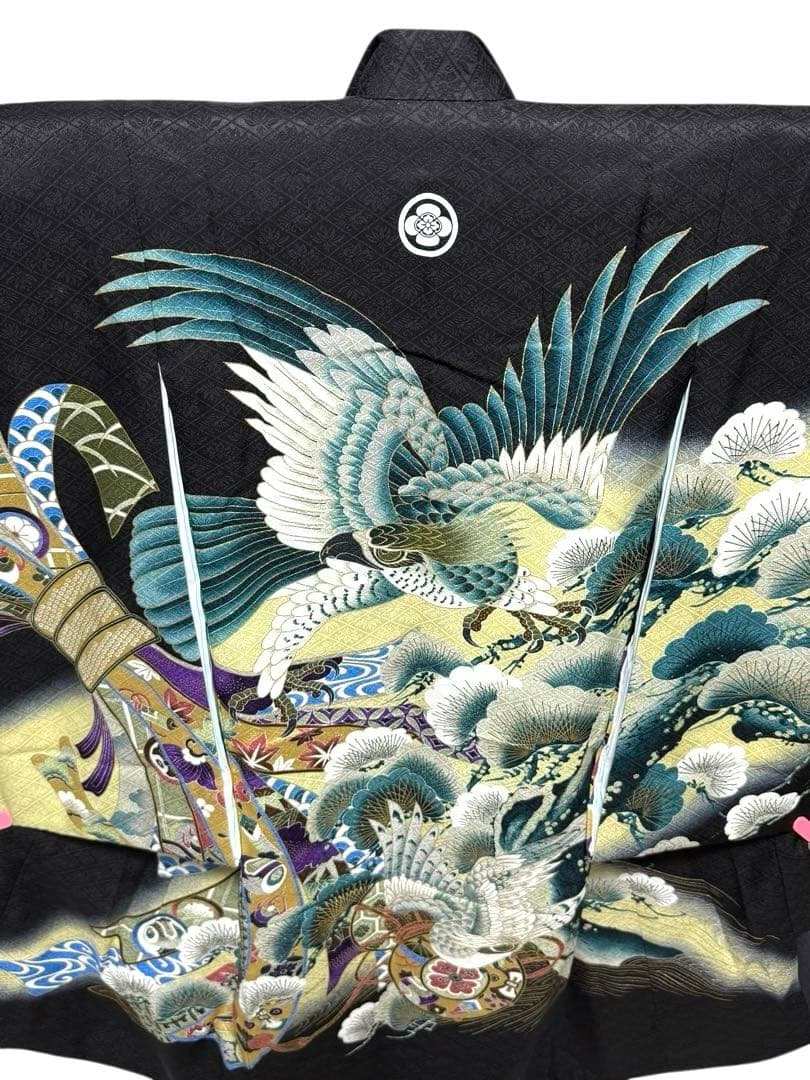 正絹　お宮参り一つ身着物、長襦袢セット　男の子　黒系　鷹柄