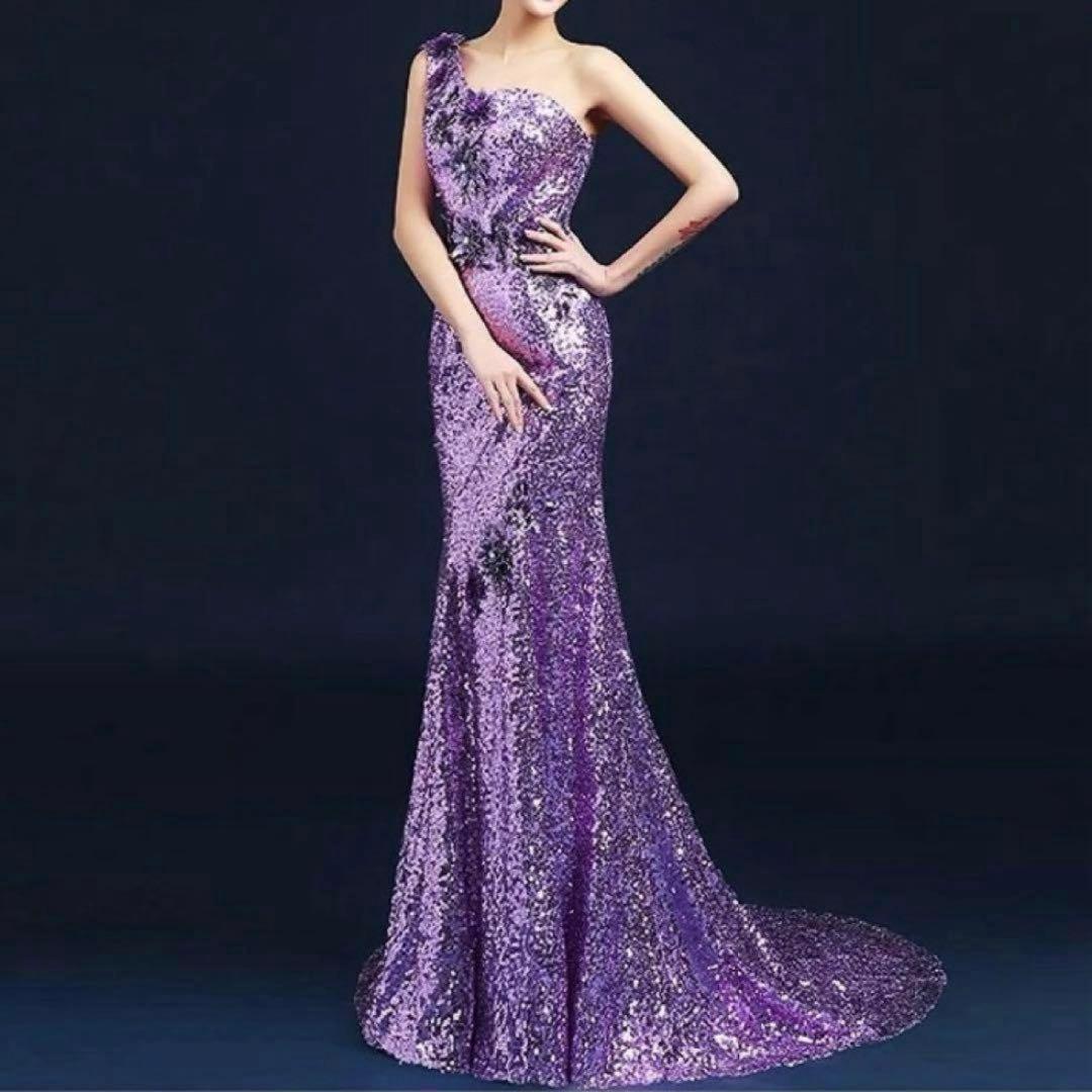 お花のデザインが美しい スパンコールのワンショルロングドレス