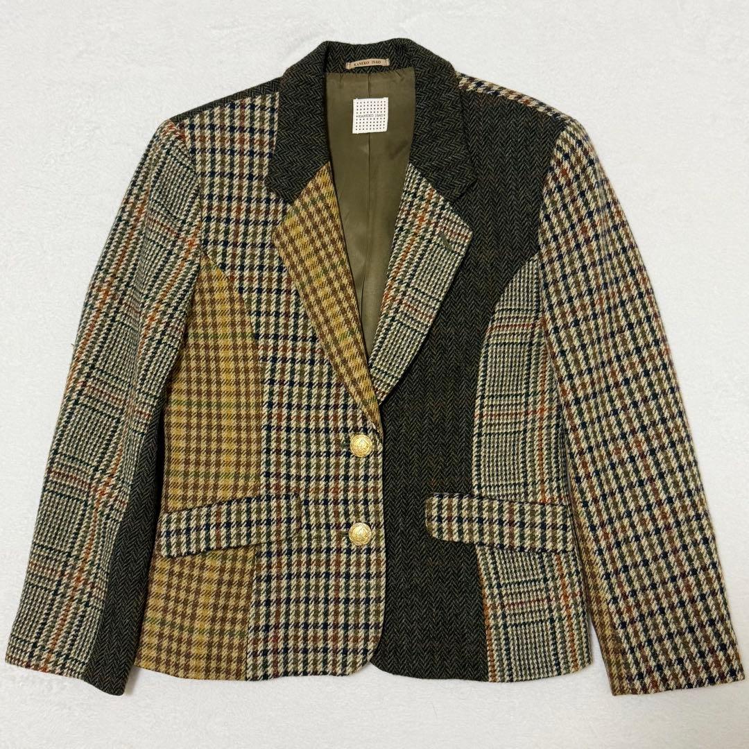【カネコイサオ】美品テーラードジャケット　異素材　金ボタン　チェック柄　ツイード