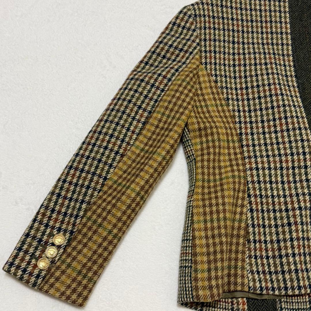 【カネコイサオ】美品テーラードジャケット　異素材　金ボタン　チェック柄　ツイード