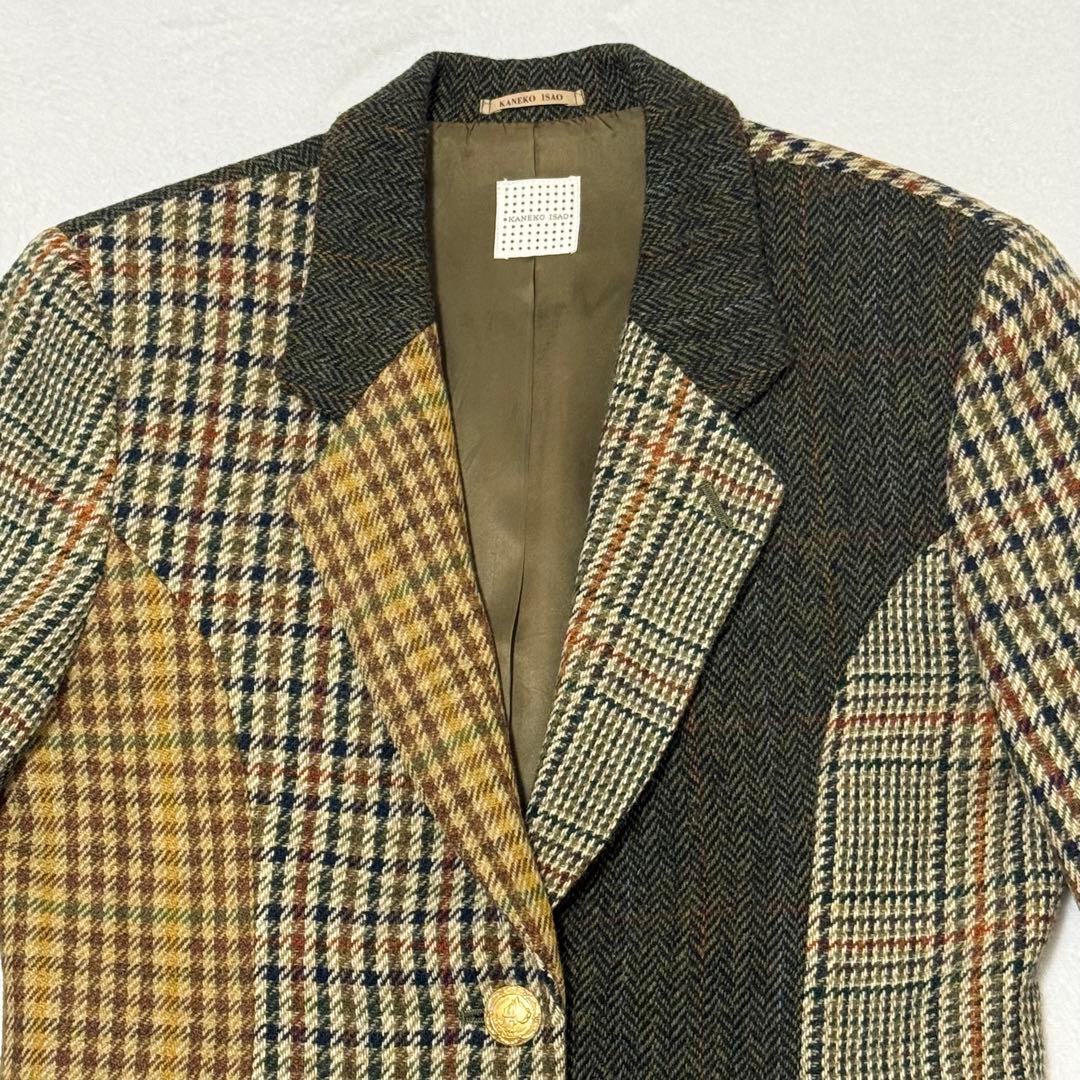 【カネコイサオ】美品テーラードジャケット　異素材　金ボタン　チェック柄　ツイード