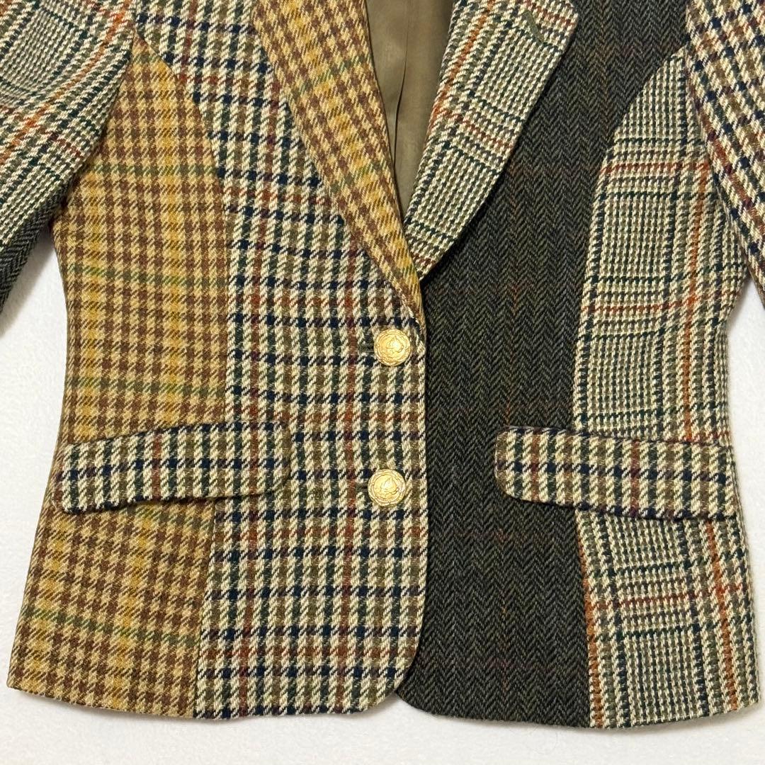 【カネコイサオ】美品テーラードジャケット　異素材　金ボタン　チェック柄　ツイード
