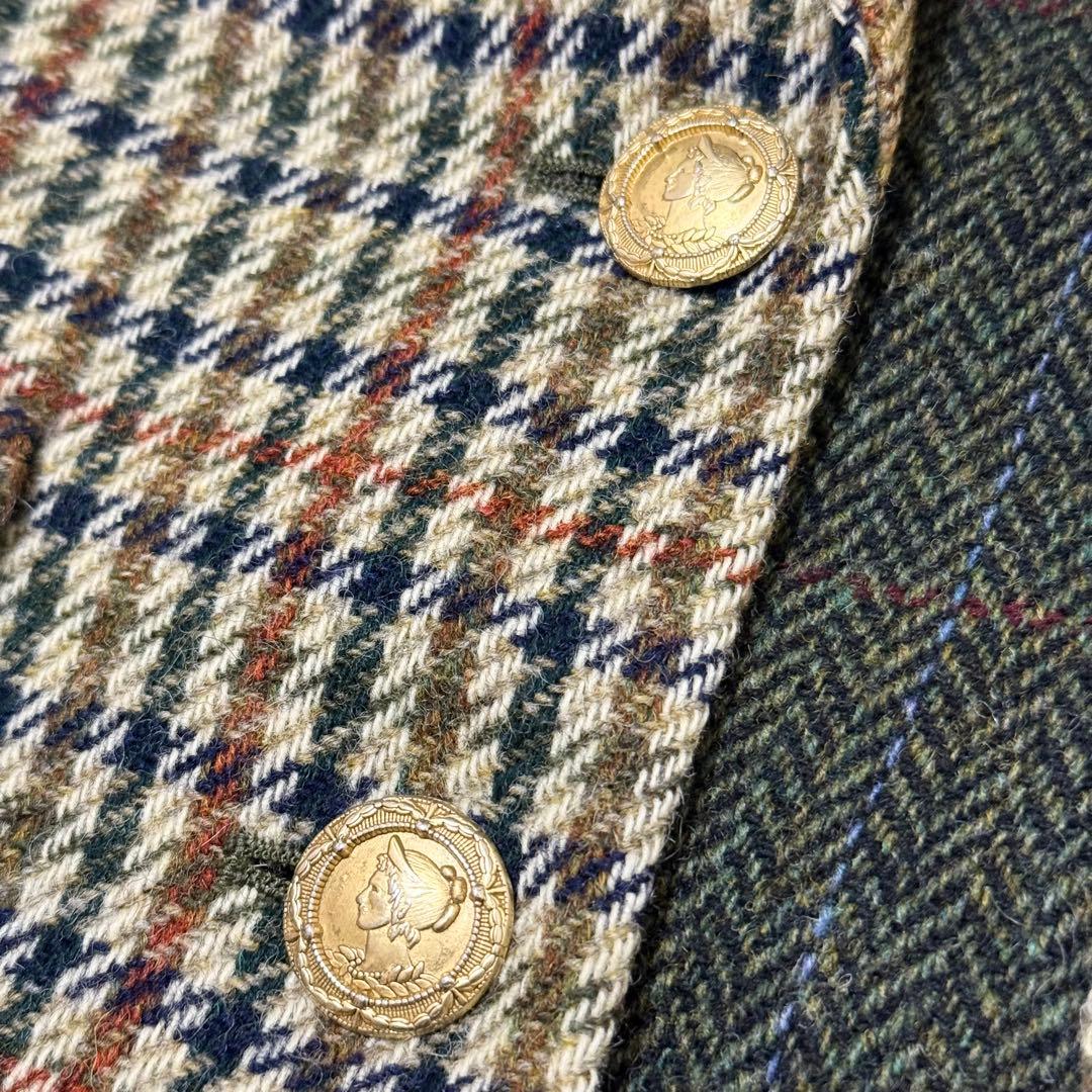 【カネコイサオ】美品テーラードジャケット　異素材　金ボタン　チェック柄　ツイード