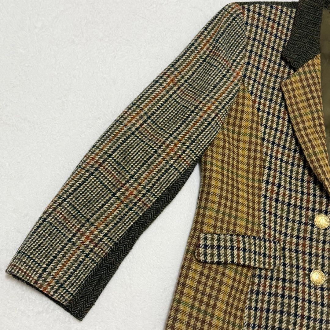 【カネコイサオ】美品テーラードジャケット　異素材　金ボタン　チェック柄　ツイード