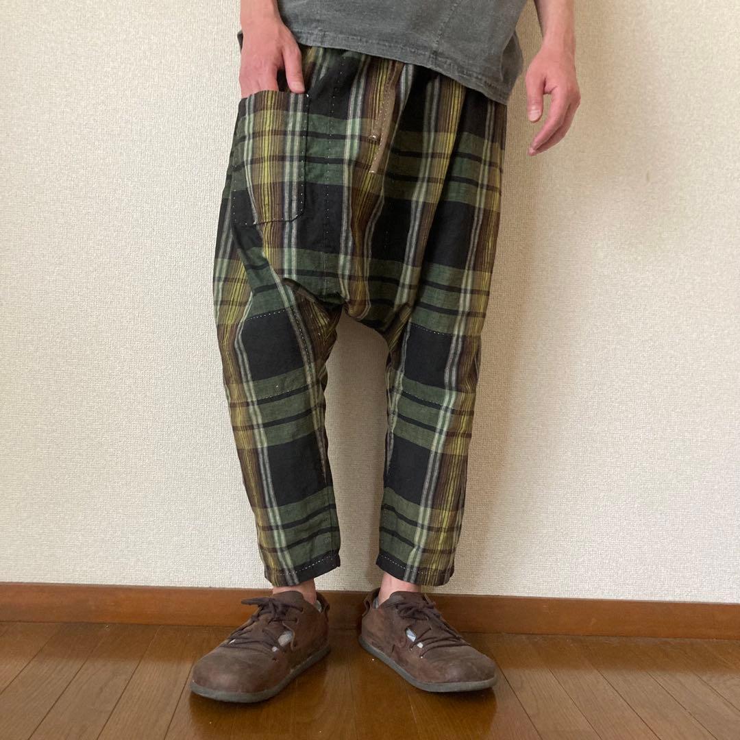 昭和レトロ 古布 布団皮 格子柄 ピエロもんぺ サルエル モンキーパンツ