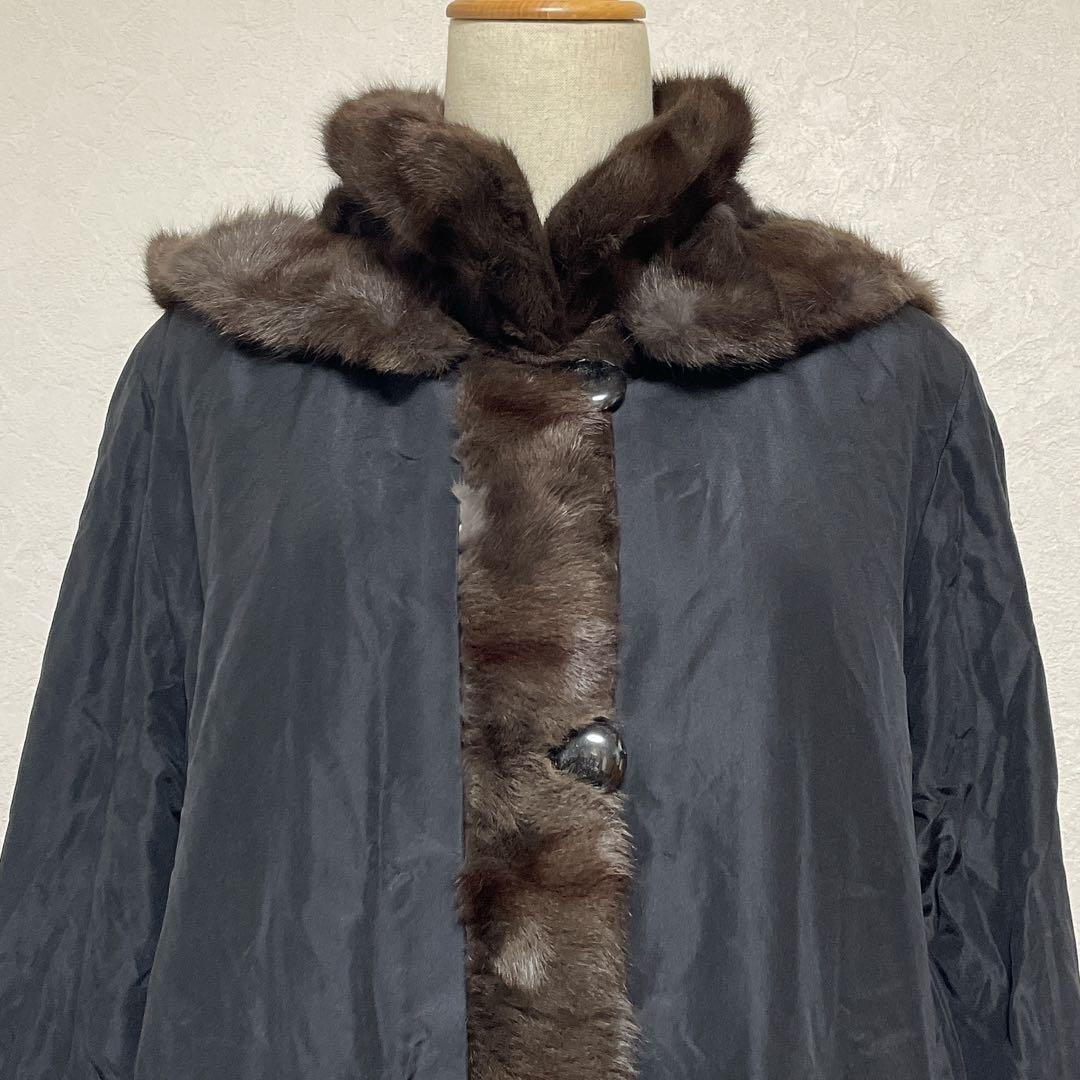 【美品】高級シルク100% ロシアリス リバーシブルロングコート L〜LL 毛皮