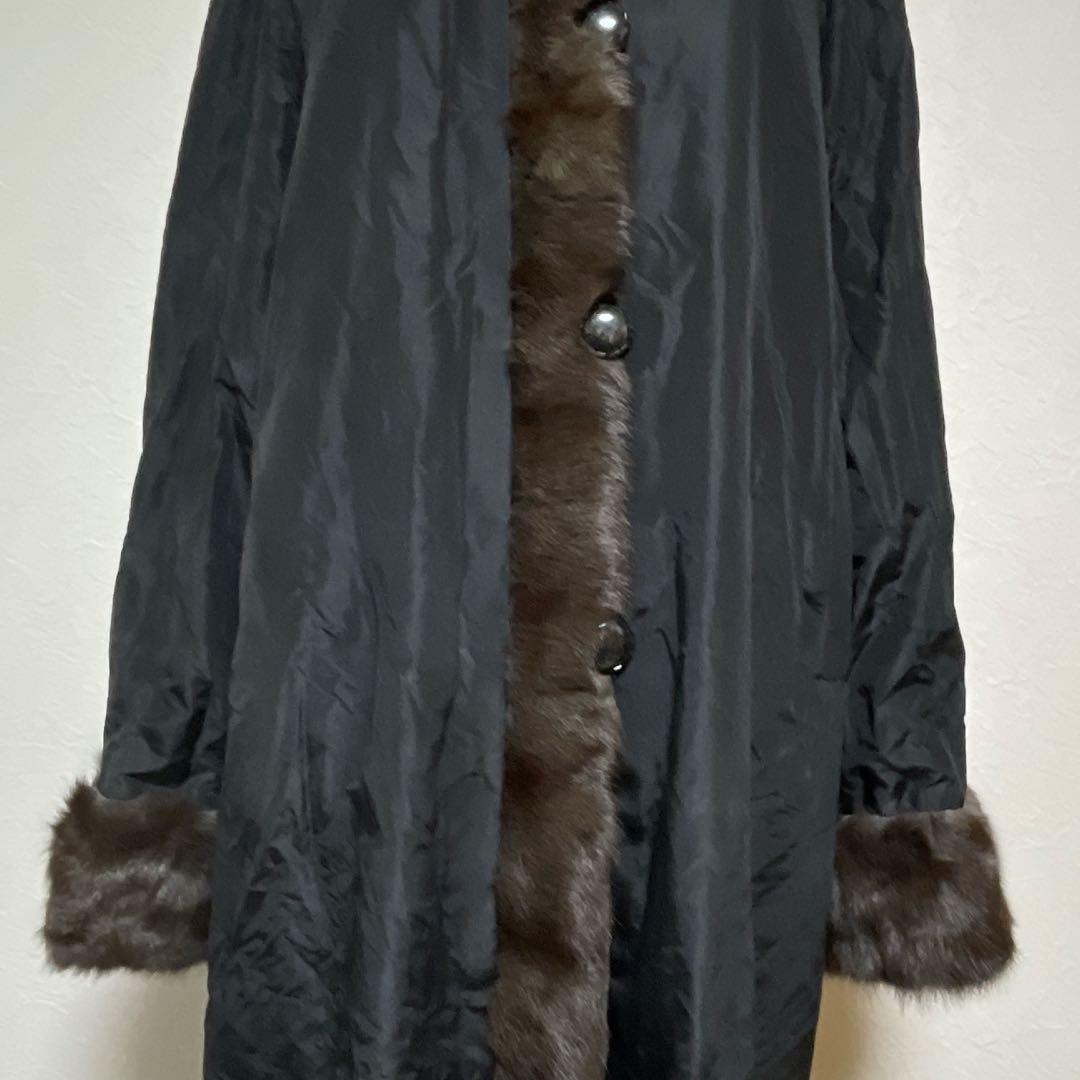 【美品】高級シルク100% ロシアリス リバーシブルロングコート L〜LL 毛皮