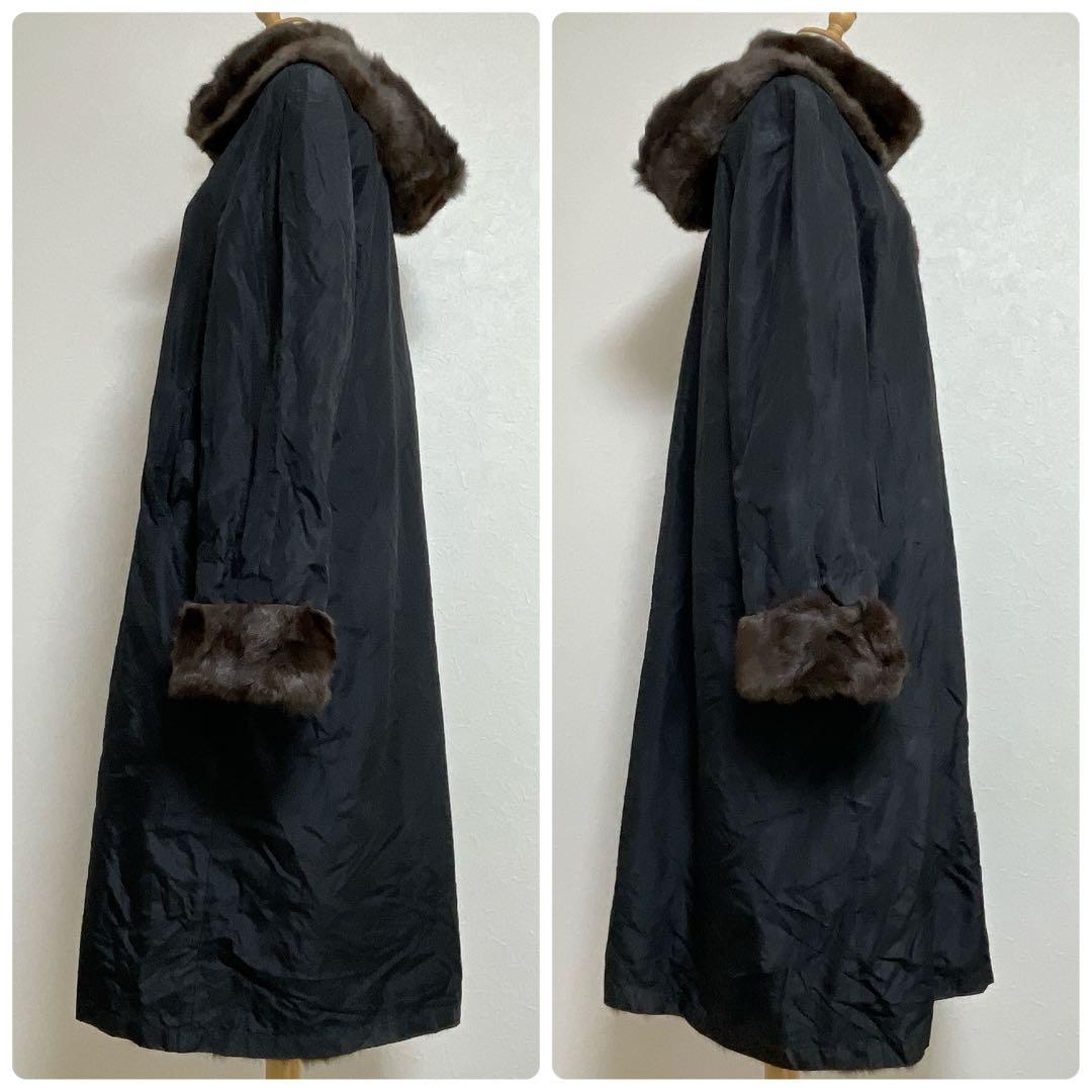 【美品】高級シルク100% ロシアリス リバーシブルロングコート L〜LL 毛皮