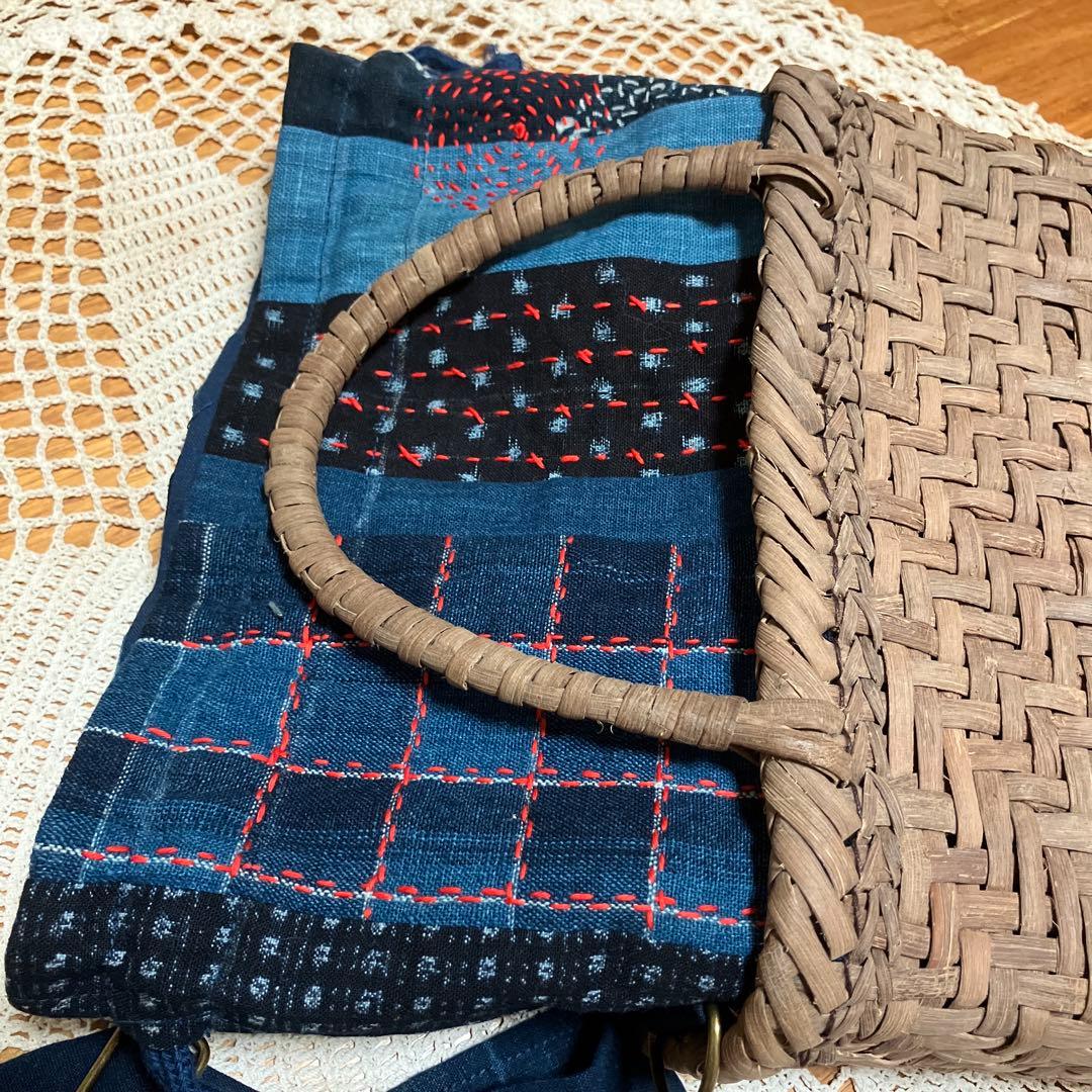 山葡萄国産かごバック手提げショルダー2way藍染め型染め格子木綿刺し子チャーム付