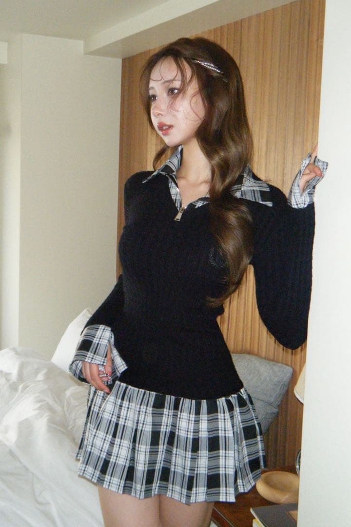 randy カービーニットチェックドッキングワンピース FS ブラック