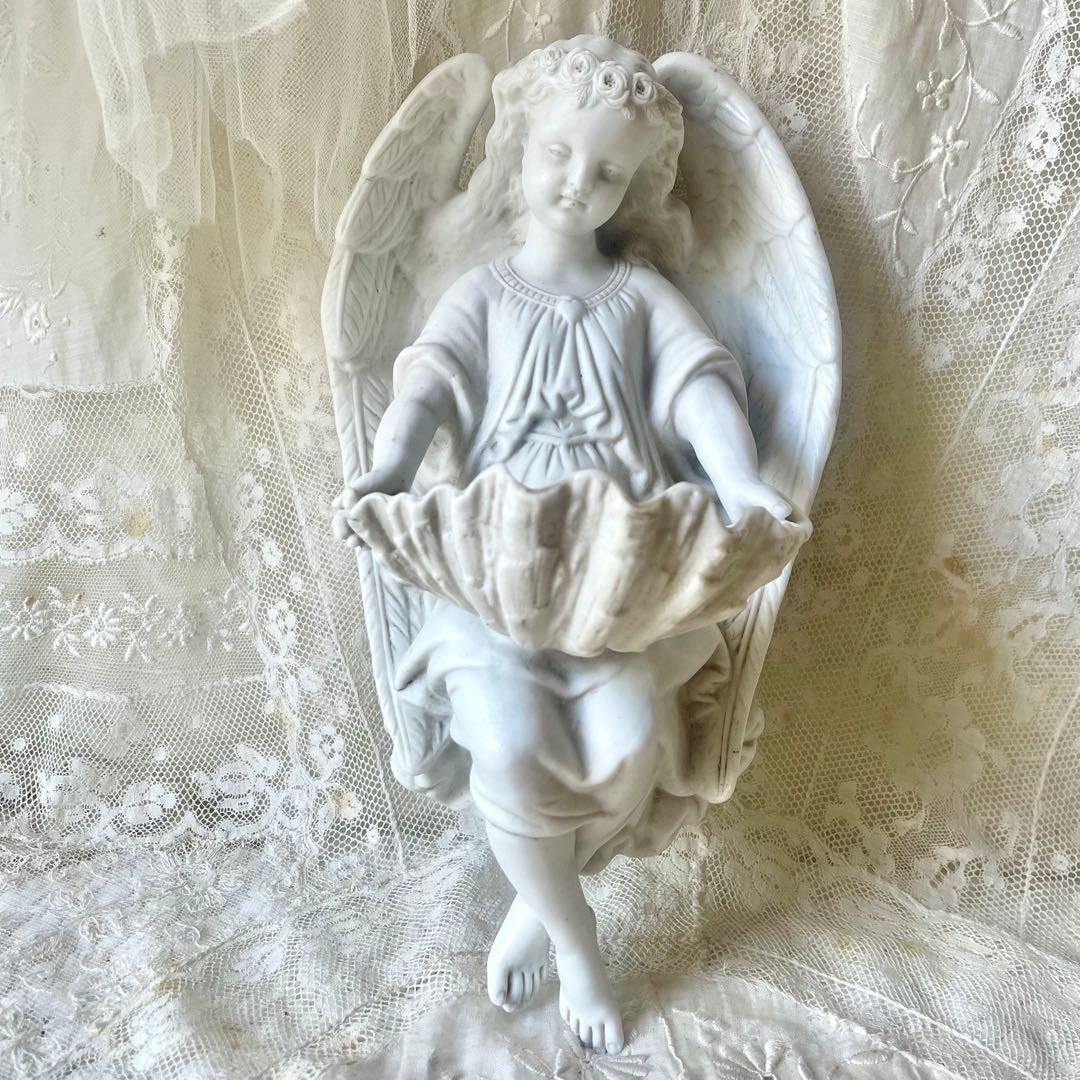 【大きめ】花輪を被った天使の聖水盤　フランスアンティーク　ベネチエ　エンジェル