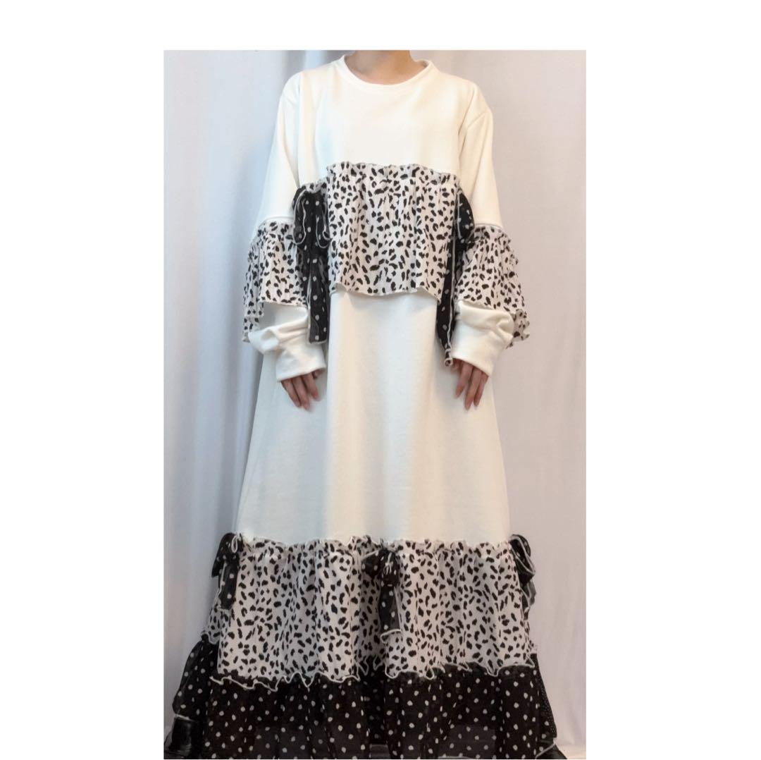 ③スウェット×ダルメシアン.ドット　フリル．リボンロングワンピース　大きいサイズ