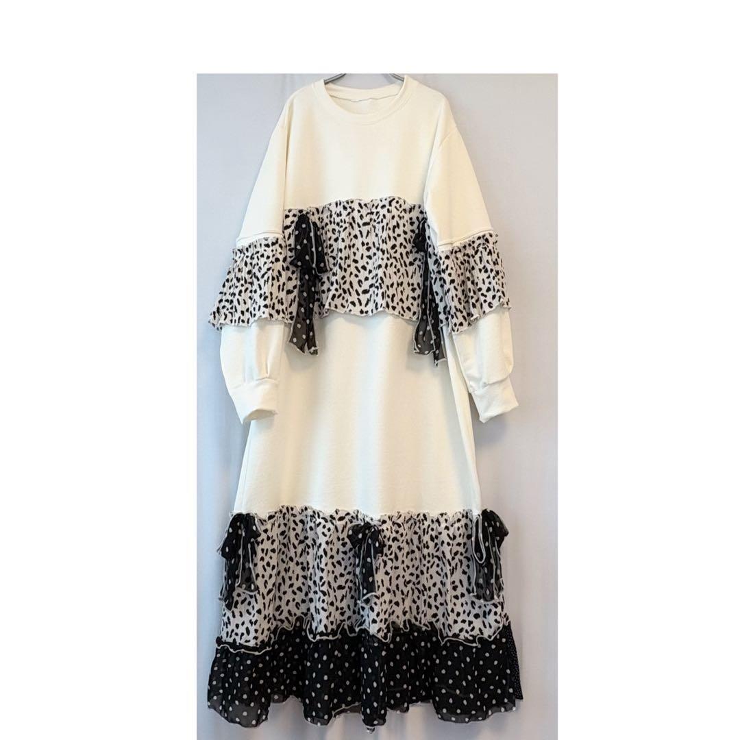 ③スウェット×ダルメシアン.ドット　フリル．リボンロングワンピース　大きいサイズ