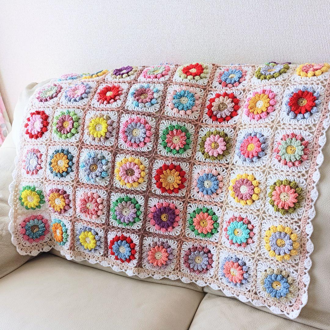 手編みブランケット★お花畑★カラフル★かぎ針編み★お花モチーフ★コットン