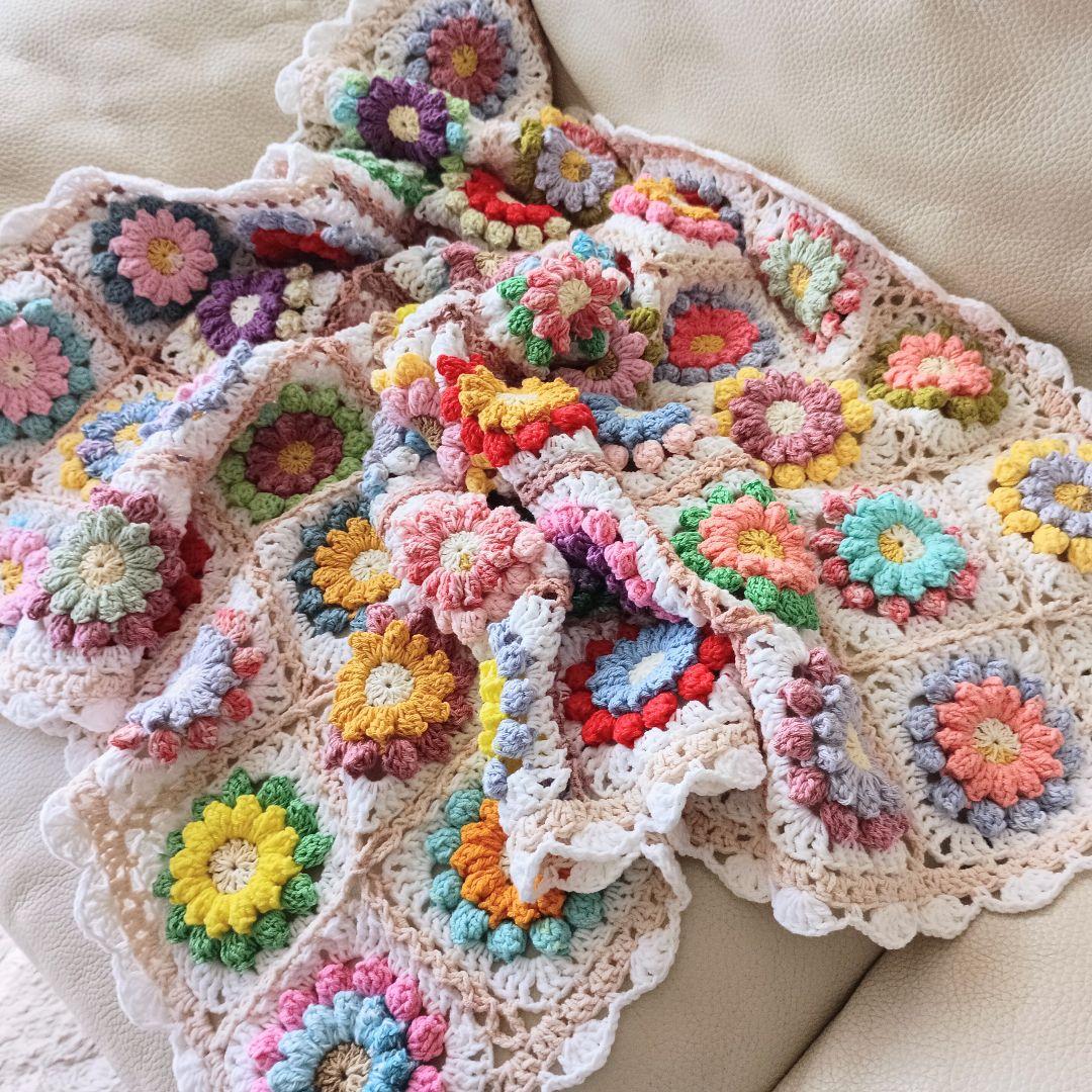手編みブランケット★お花畑★カラフル★かぎ針編み★お花モチーフ★コットン
