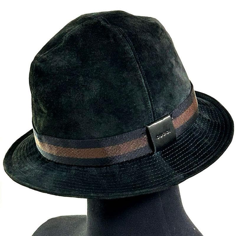 美品 グッチ GUCCI バケットハット 黒 スエード 羊革 裏GG柄 綿 M
